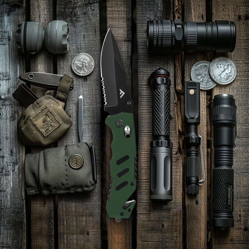 FLISSA Folding Pocket Knife with Clip, Glass Breaker and Seatbelt Cutter, Survival Knife for Emergency Rescue Situations, EDC Knife for Tactical, Hunting, Camping, Outdoor, Unique Gifts for Dad, Father-Green - Image 5